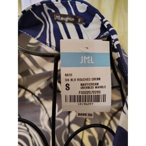 NWT J.McLaughlin Sage 3/4 Slv Marble Print Navy Blue White Cream Rouched Dress
